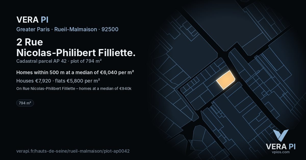 2 Rue Nicolas-Philibert Filliette, Rueil-Malmaison at night – the plot lit, the parcels around coloured by the prices near them