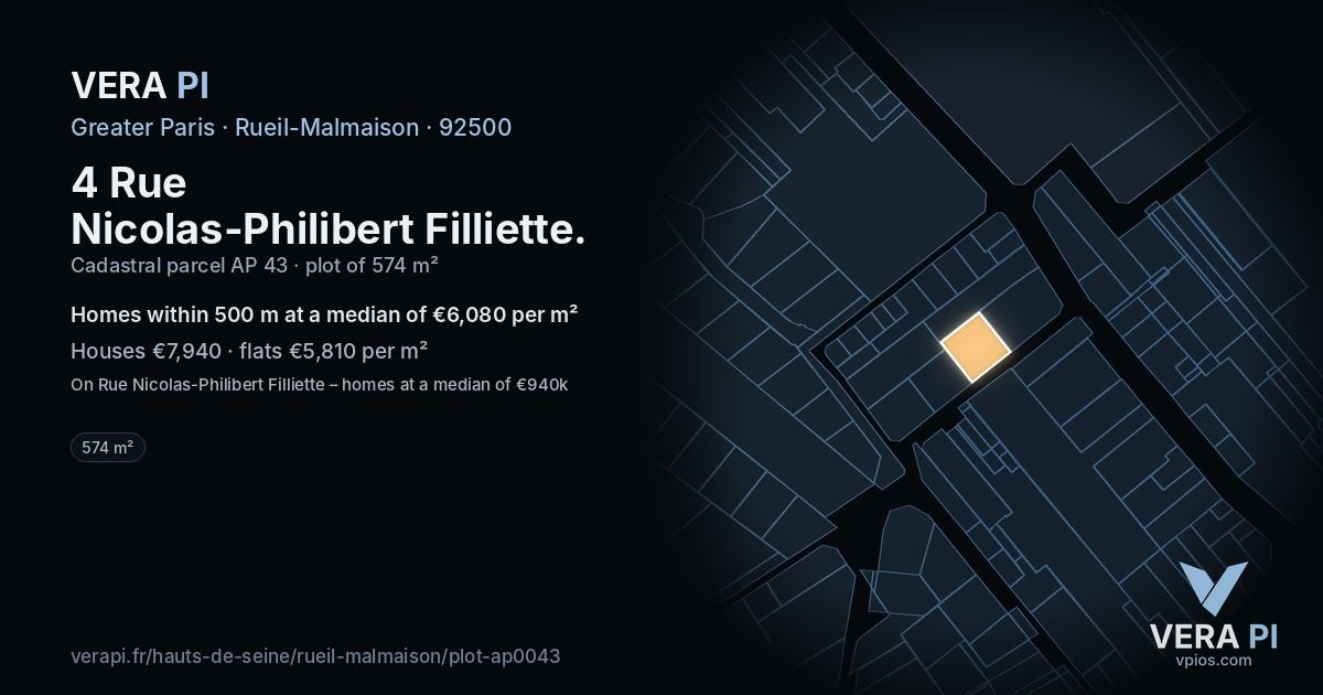 4 Rue Nicolas-Philibert Filliette, Rueil-Malmaison at night – the plot lit, the parcels around coloured by the prices near them