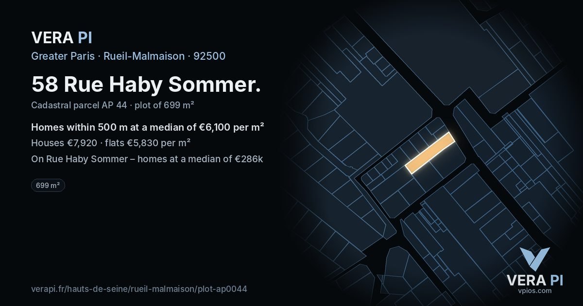 58 Rue Haby Sommer, Rueil-Malmaison at night – the plot lit, the parcels around coloured by the prices near them