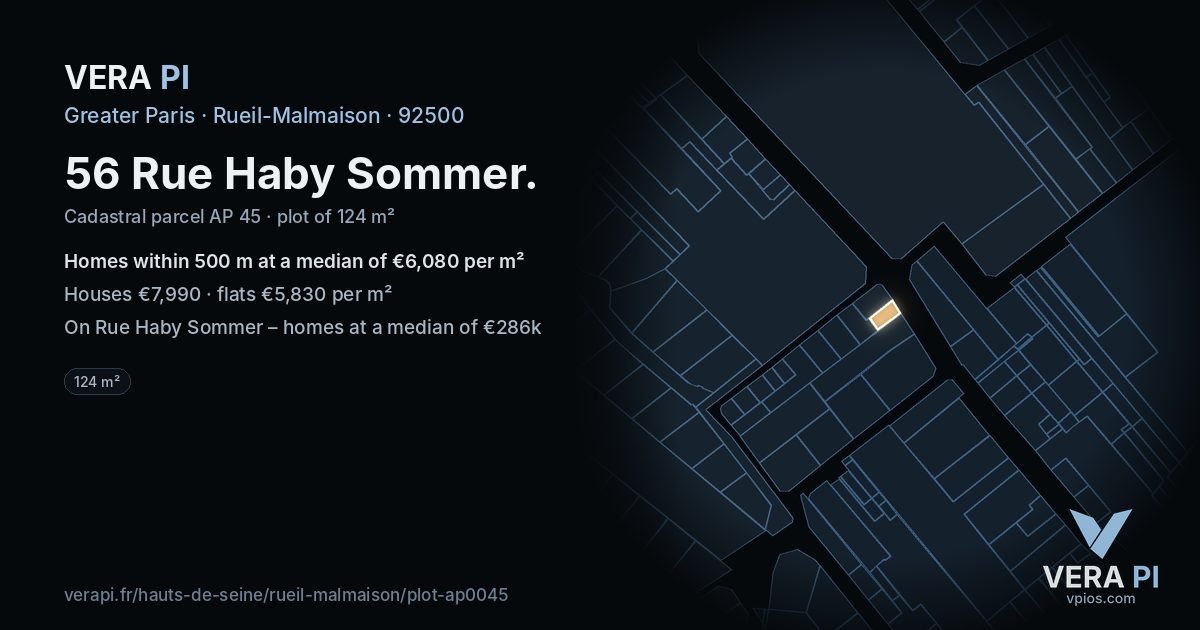 56 Rue Haby Sommer, Rueil-Malmaison at night – the plot lit, the parcels around coloured by the prices near them
