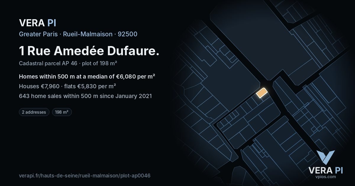 1 Rue Amedée Dufaure, Rueil-Malmaison at night – the plot lit, the parcels around coloured by the prices near them