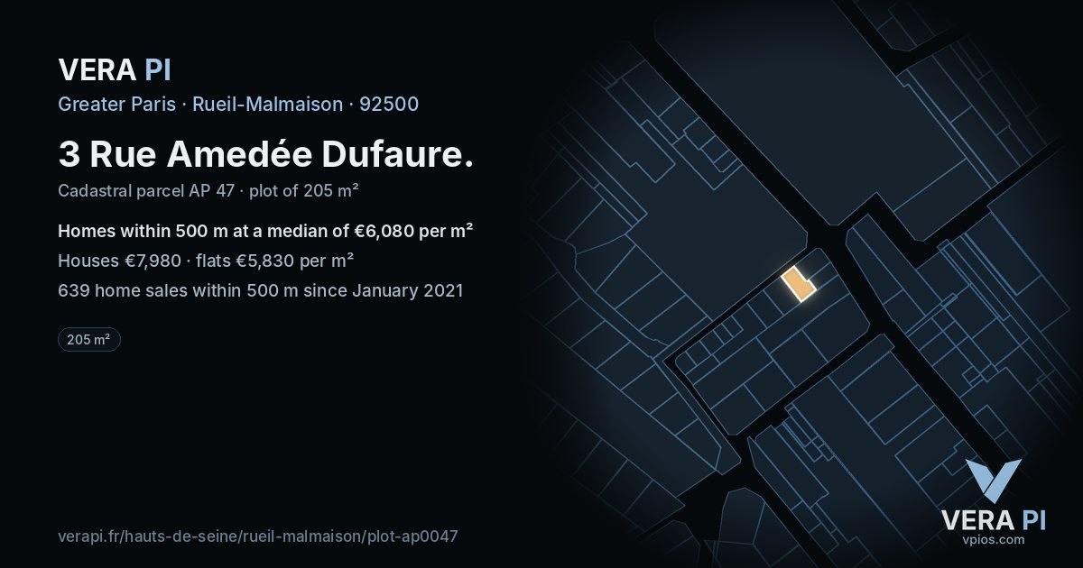 3 Rue Amedée Dufaure, Rueil-Malmaison at night – the plot lit, the parcels around coloured by the prices near them