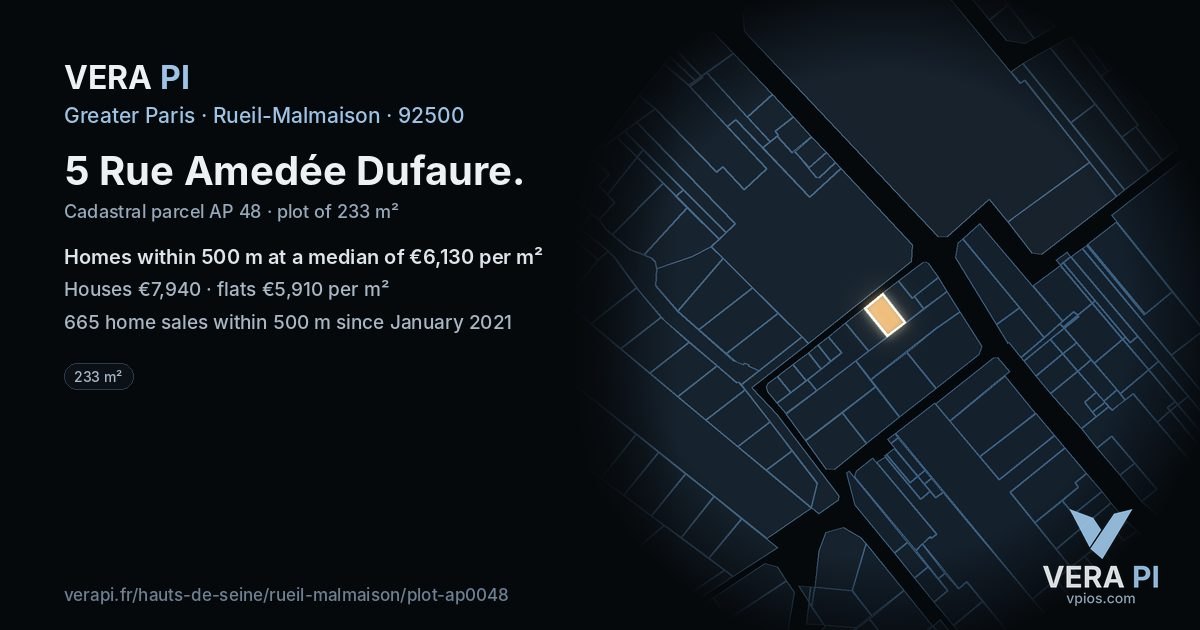 5 Rue Amedée Dufaure, Rueil-Malmaison at night – the plot lit, the parcels around coloured by the prices near them