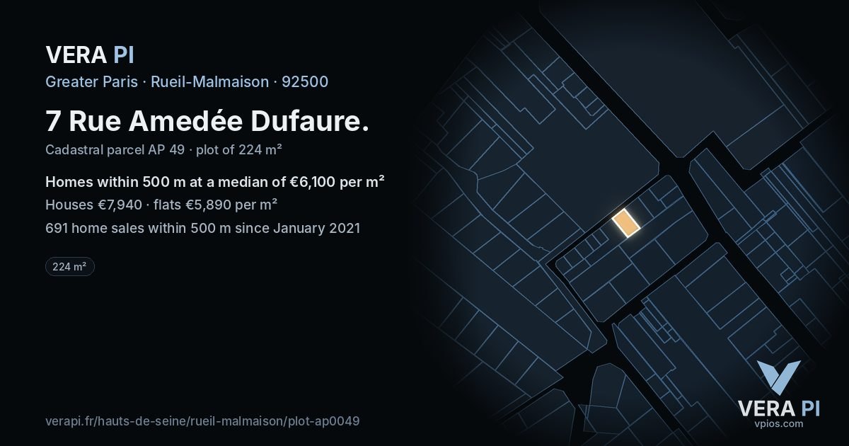 7 Rue Amedée Dufaure, Rueil-Malmaison at night – the plot lit, the parcels around coloured by the prices near them