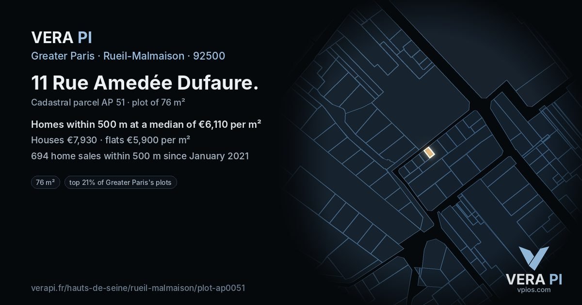 11 Rue Amedée Dufaure, Rueil-Malmaison at night – the plot lit, the parcels around coloured by the prices near them