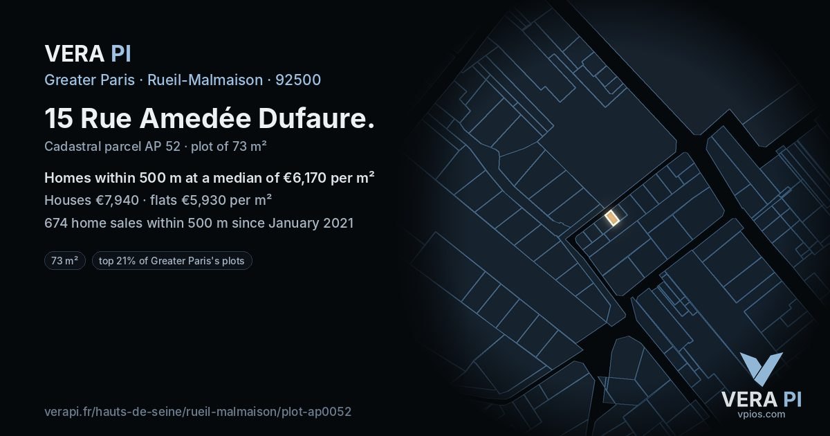 15 Rue Amedée Dufaure, Rueil-Malmaison at night – the plot lit, the parcels around coloured by the prices near them