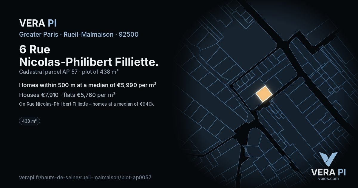 6 Rue Nicolas-Philibert Filliette, Rueil-Malmaison at night – the plot lit, the parcels around coloured by the prices near them