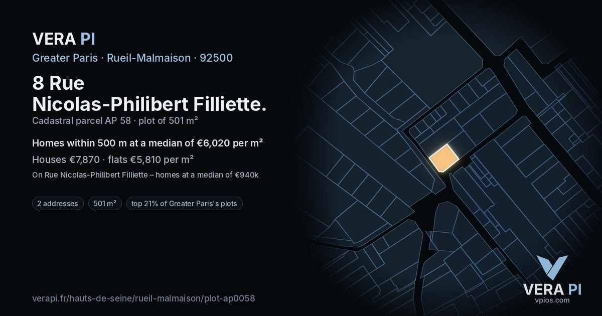 8 Rue Nicolas-Philibert Filliette, Rueil-Malmaison at night – the plot lit, the parcels around coloured by the prices near them