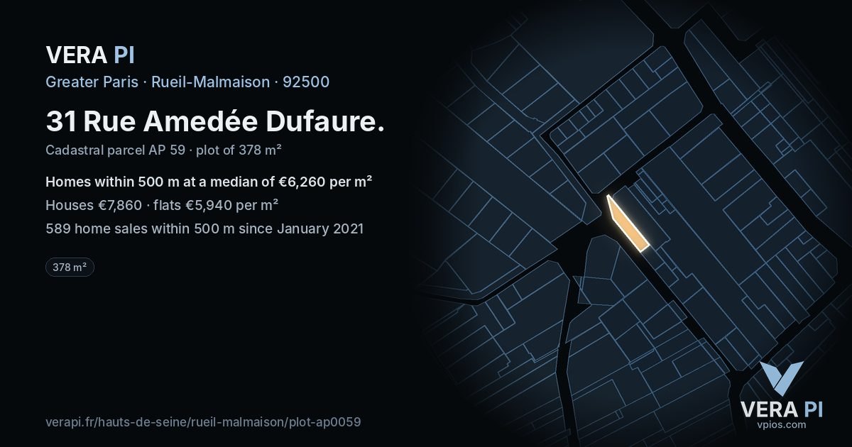 31 Rue Amedée Dufaure, Rueil-Malmaison at night – the plot lit, the parcels around coloured by the prices near them