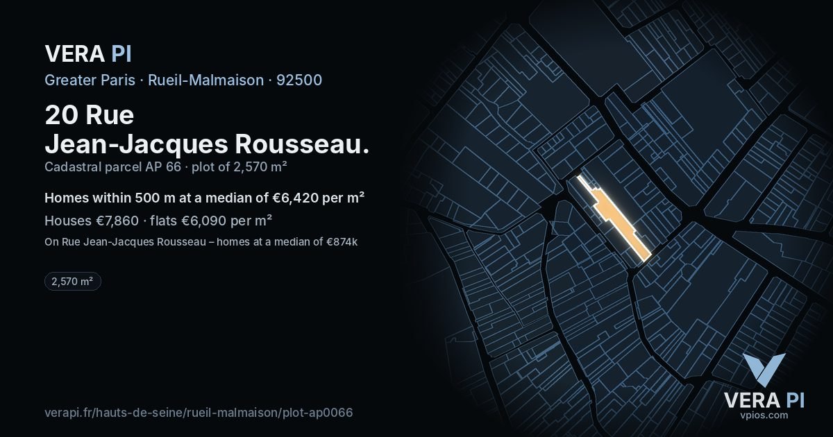 20 Rue Jean-Jacques Rousseau, Rueil-Malmaison at night – the plot lit, the parcels around coloured by the prices near them