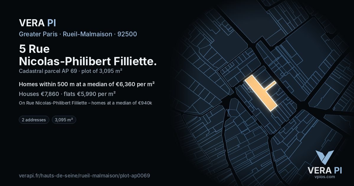 5 Rue Nicolas-Philibert Filliette, Rueil-Malmaison at night – the plot lit, the parcels around coloured by the prices near them