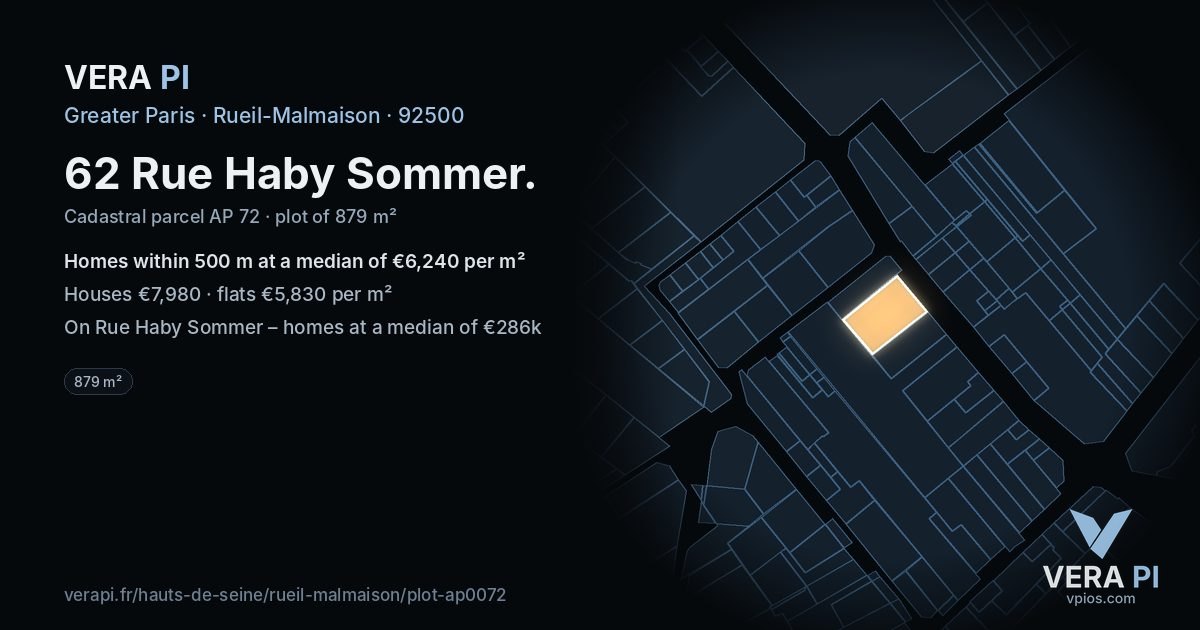 62 Rue Haby Sommer, Rueil-Malmaison at night – the plot lit, the parcels around coloured by the prices near them