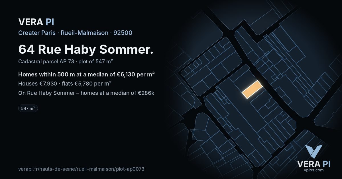 64 Rue Haby Sommer, Rueil-Malmaison at night – the plot lit, the parcels around coloured by the prices near them