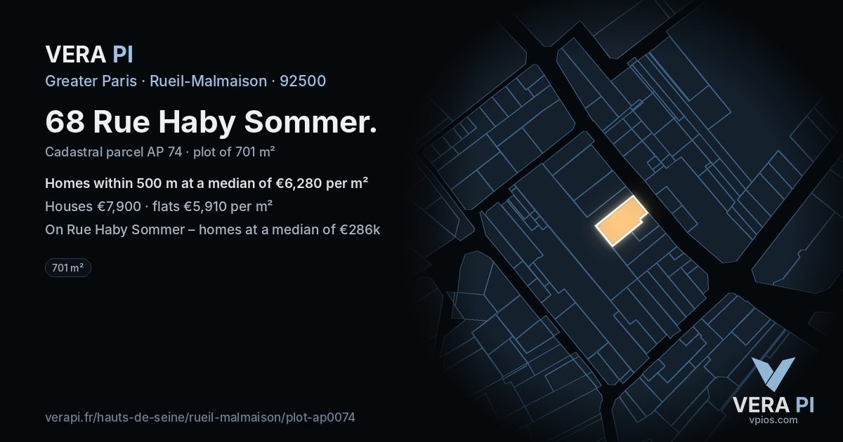 68 Rue Haby Sommer, Rueil-Malmaison at night – the plot lit, the parcels around coloured by the prices near them
