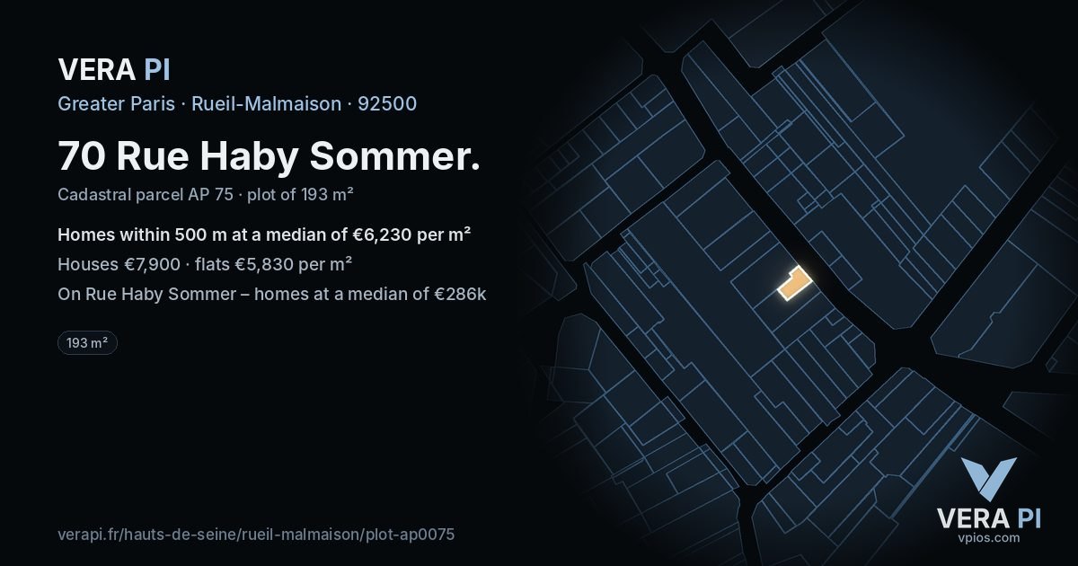 70 Rue Haby Sommer, Rueil-Malmaison at night – the plot lit, the parcels around coloured by the prices near them