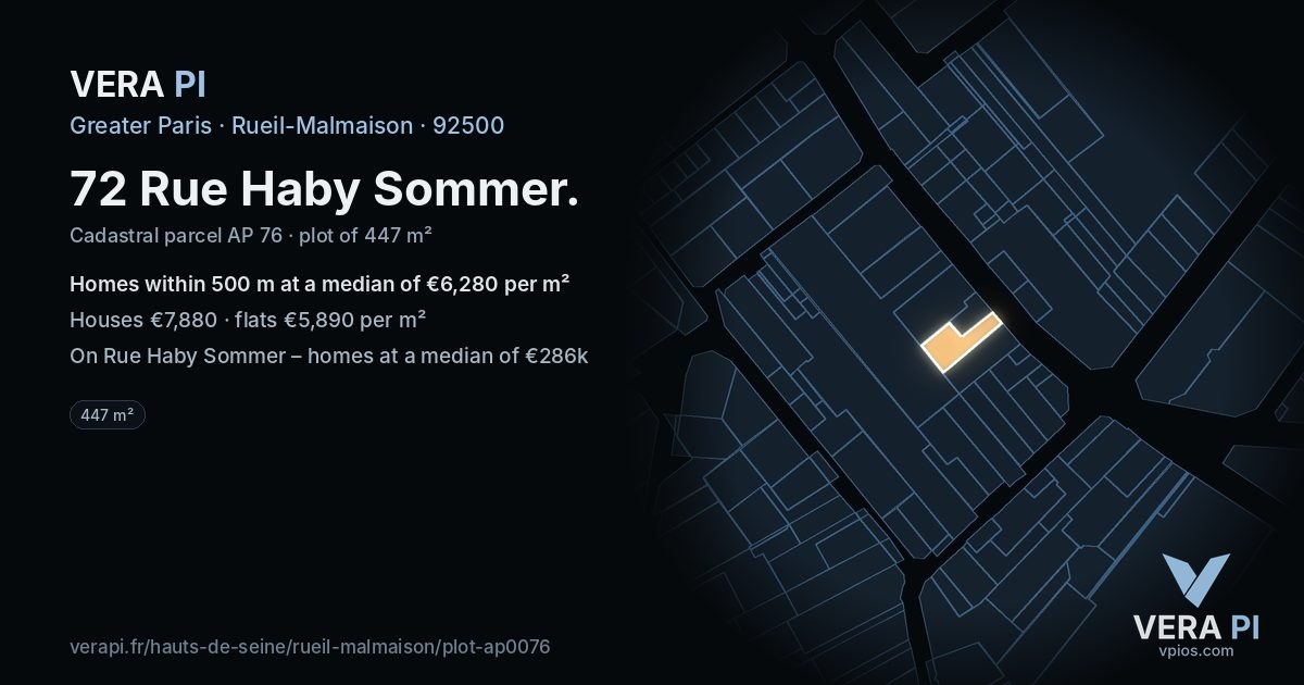 72 Rue Haby Sommer, Rueil-Malmaison at night – the plot lit, the parcels around coloured by the prices near them