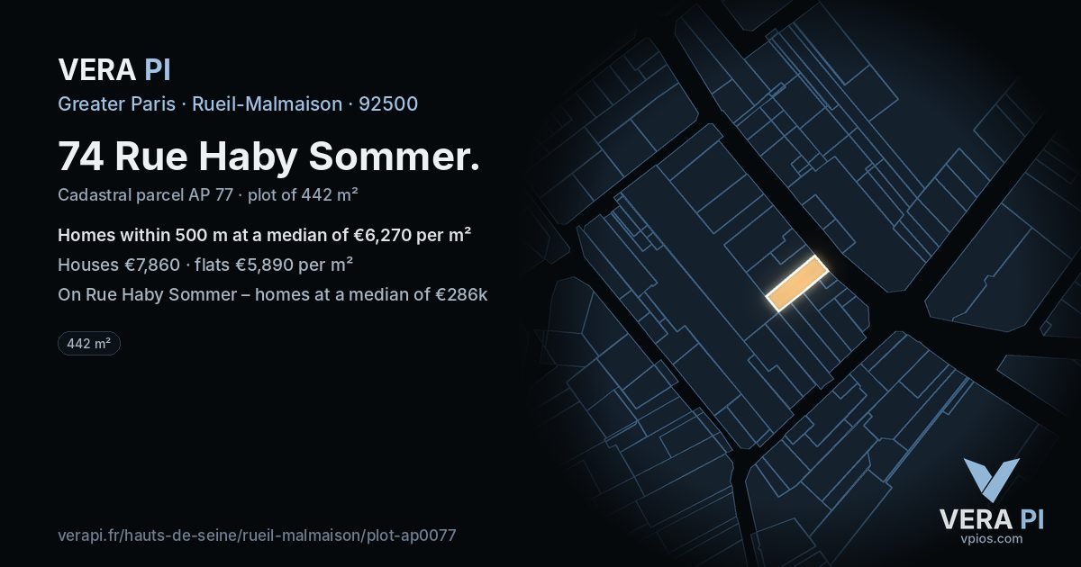 74 Rue Haby Sommer, Rueil-Malmaison at night – the plot lit, the parcels around coloured by the prices near them