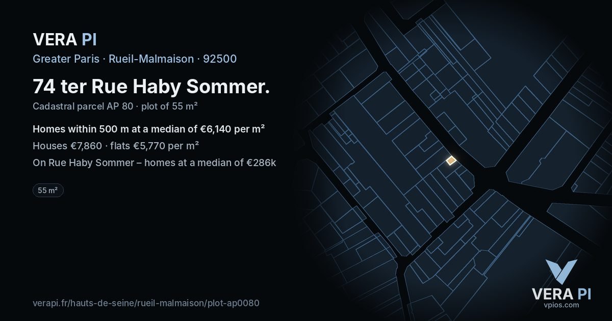74 ter Rue Haby Sommer, Rueil-Malmaison at night – the plot lit, the parcels around coloured by the prices near them