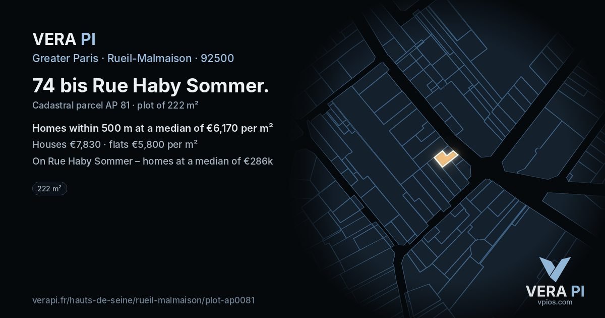 74 bis Rue Haby Sommer, Rueil-Malmaison at night – the plot lit, the parcels around coloured by the prices near them