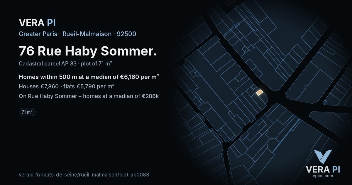 76 Rue Haby Sommer, Rueil-Malmaison at night – the plot lit, the parcels around coloured by the prices near them