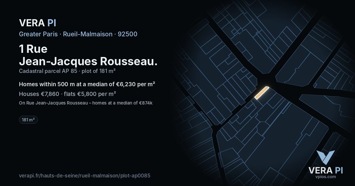 1 Rue Jean-Jacques Rousseau, Rueil-Malmaison at night – the plot lit, the parcels around coloured by the prices near them