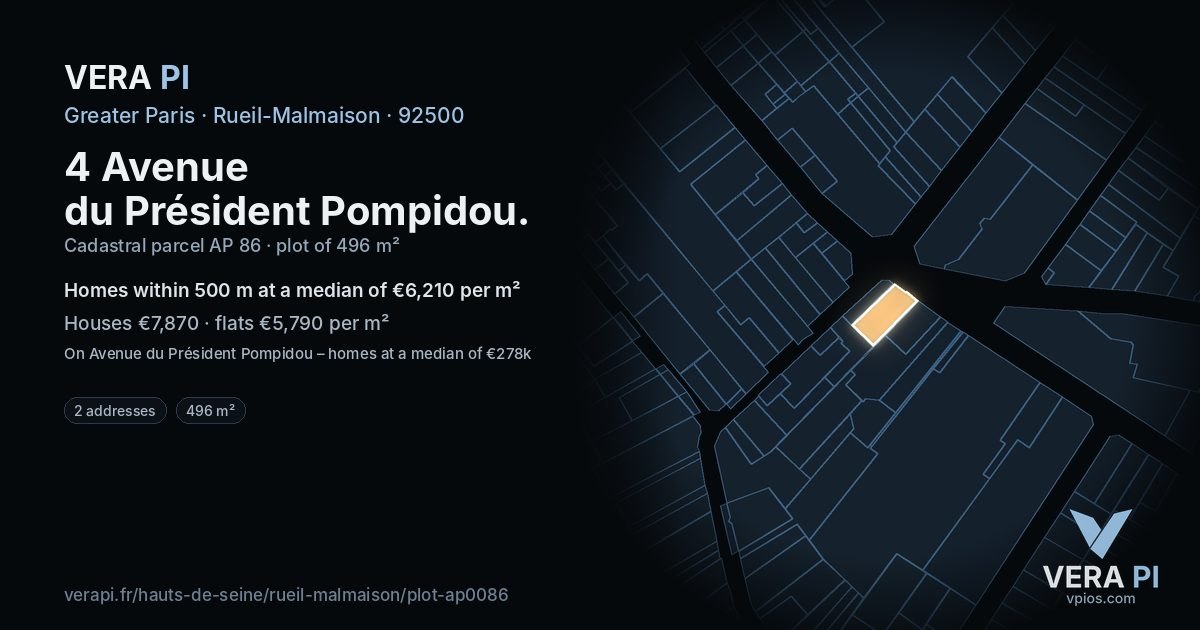 4 Avenue du Président Pompidou, Rueil-Malmaison at night – the plot lit, the parcels around coloured by the prices near them
