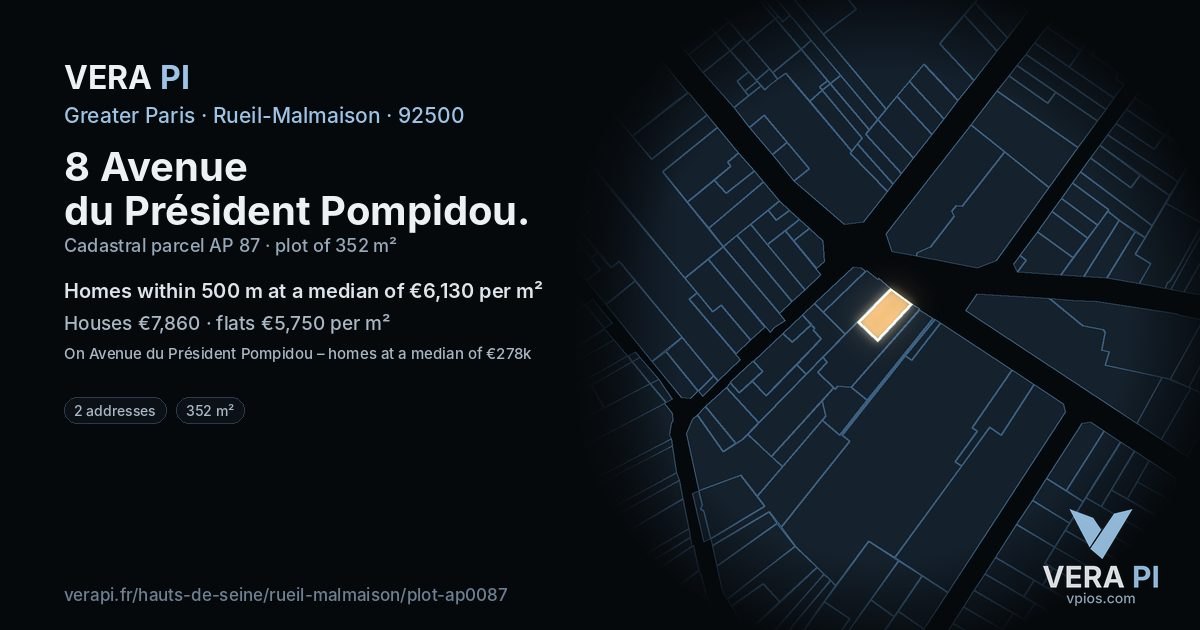 8 Avenue du Président Pompidou, Rueil-Malmaison at night – the plot lit, the parcels around coloured by the prices near them