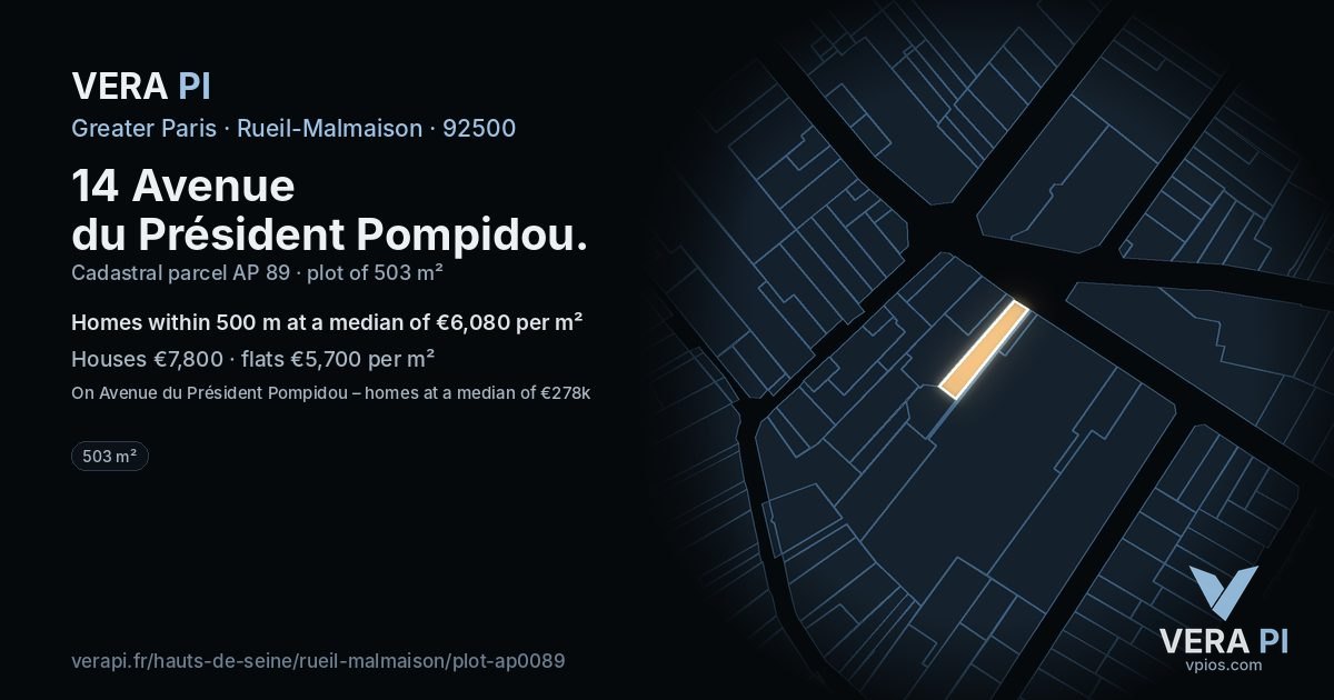 14 Avenue du Président Pompidou, Rueil-Malmaison at night – the plot lit, the parcels around coloured by the prices near them