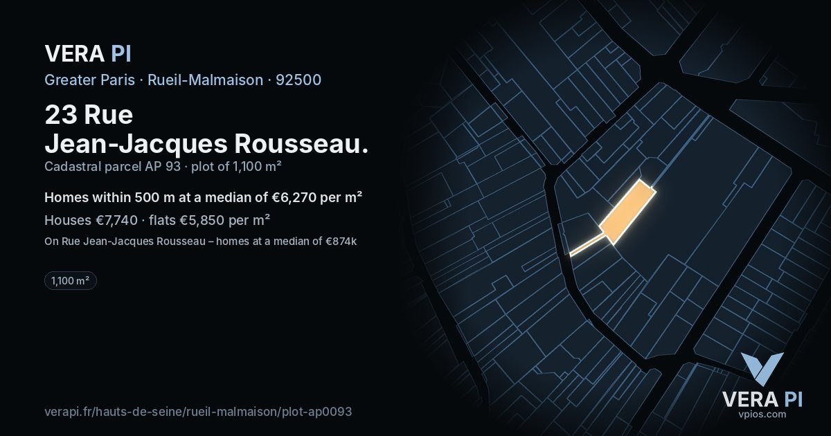 23 Rue Jean-Jacques Rousseau, Rueil-Malmaison at night – the plot lit, the parcels around coloured by the prices near them
