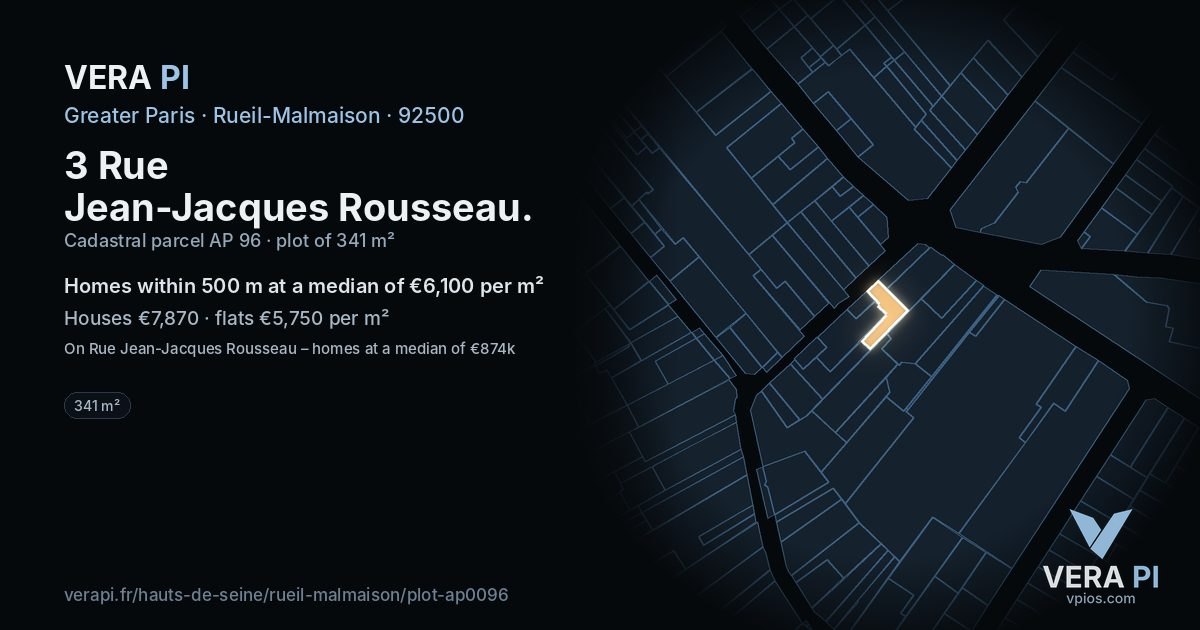 3 Rue Jean-Jacques Rousseau, Rueil-Malmaison at night – the plot lit, the parcels around coloured by the prices near them