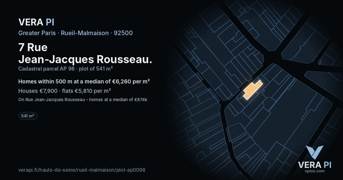 7 Rue Jean-Jacques Rousseau, Rueil-Malmaison at night – the plot lit, the parcels around coloured by the prices near them