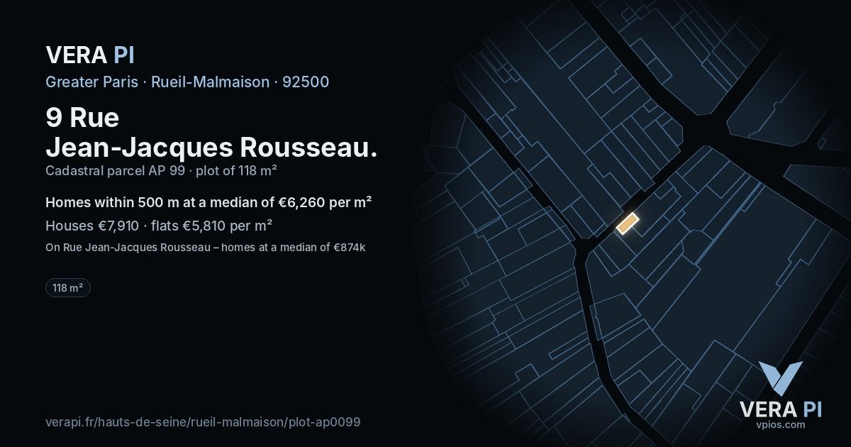 9 Rue Jean-Jacques Rousseau, Rueil-Malmaison at night – the plot lit, the parcels around coloured by the prices near them