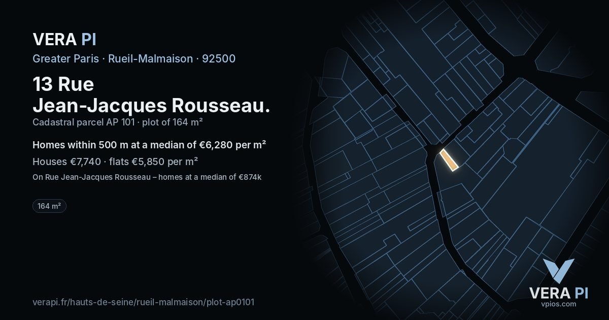 13 Rue Jean-Jacques Rousseau, Rueil-Malmaison at night – the plot lit, the parcels around coloured by the prices near them