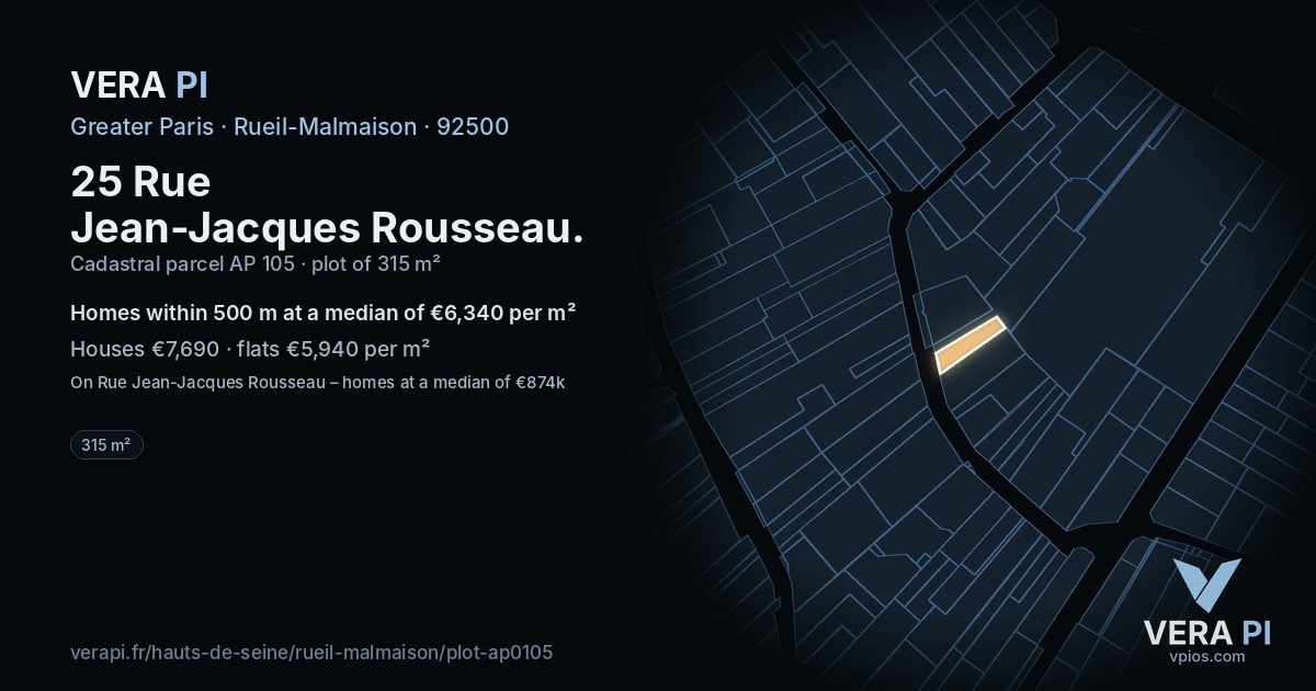 25 Rue Jean-Jacques Rousseau, Rueil-Malmaison at night – the plot lit, the parcels around coloured by the prices near them
