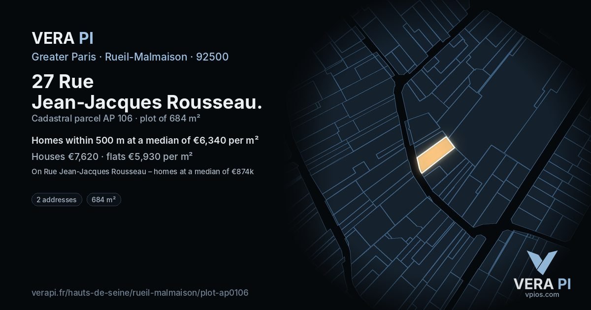 27 Rue Jean-Jacques Rousseau, Rueil-Malmaison at night – the plot lit, the parcels around coloured by the prices near them