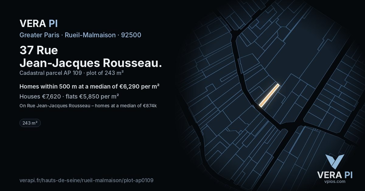 37 Rue Jean-Jacques Rousseau, Rueil-Malmaison at night – the plot lit, the parcels around coloured by the prices near them