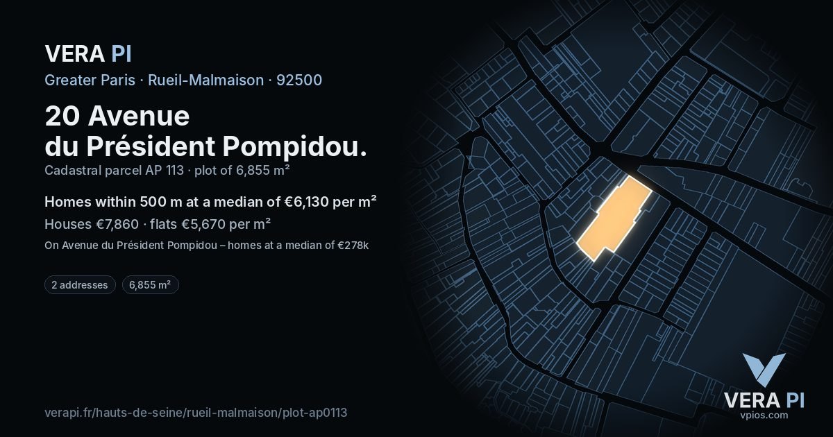 20 Avenue du Président Pompidou, Rueil-Malmaison at night – the plot lit, the parcels around coloured by the prices near them