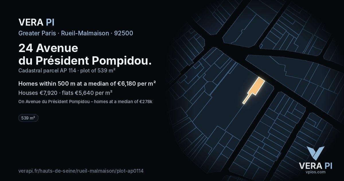 24 Avenue du Président Pompidou, Rueil-Malmaison at night – the plot lit, the parcels around coloured by the prices near them