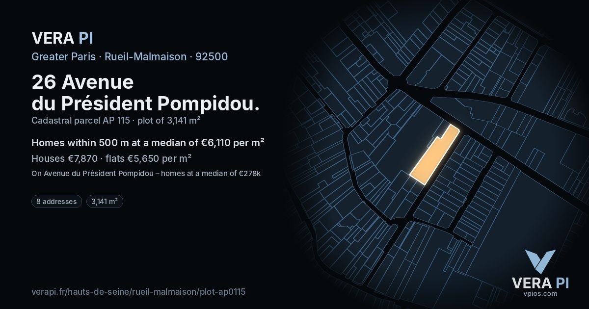 26 Avenue du Président Pompidou, Rueil-Malmaison at night – the plot lit, the parcels around coloured by the prices near them