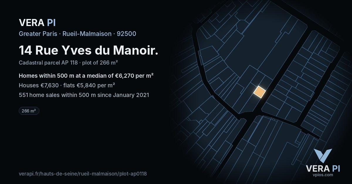 14 Rue Yves du Manoir, Rueil-Malmaison at night – the plot lit, the parcels around coloured by the prices near them