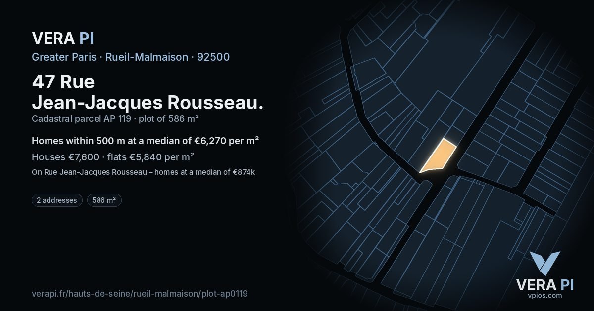 47 Rue Jean-Jacques Rousseau, Rueil-Malmaison at night – the plot lit, the parcels around coloured by the prices near them