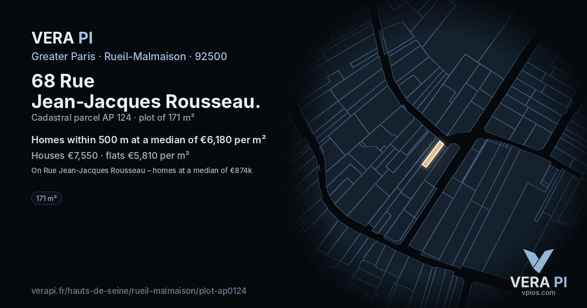 68 Rue Jean-Jacques Rousseau, Rueil-Malmaison at night – the plot lit, the parcels around coloured by the prices near them