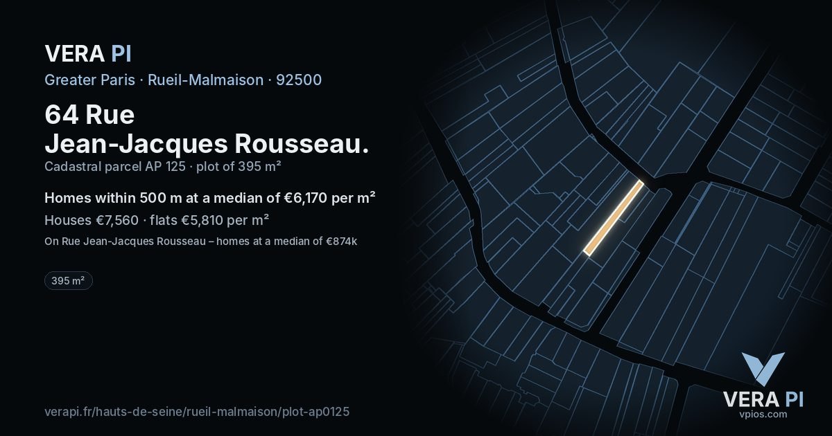 64 Rue Jean-Jacques Rousseau, Rueil-Malmaison at night – the plot lit, the parcels around coloured by the prices near them