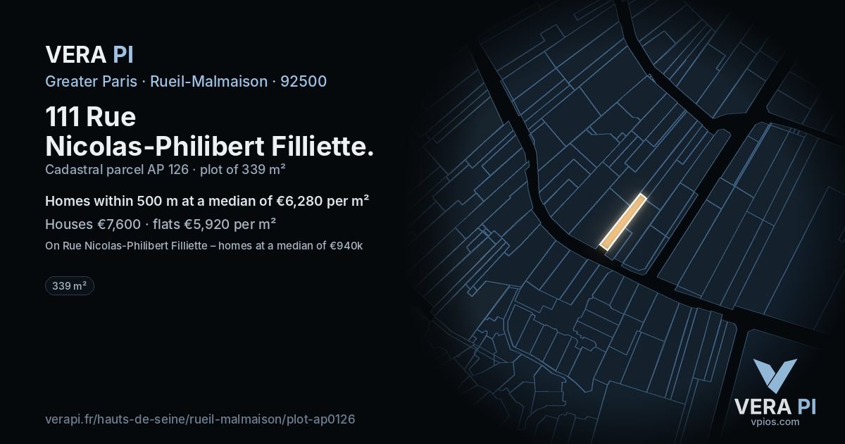 111 Rue Nicolas-Philibert Filliette, Rueil-Malmaison at night – the plot lit, the parcels around coloured by the prices near them