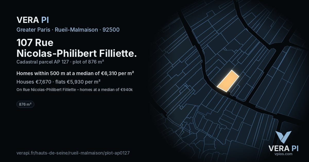 107 Rue Nicolas-Philibert Filliette, Rueil-Malmaison at night – the plot lit, the parcels around coloured by the prices near them