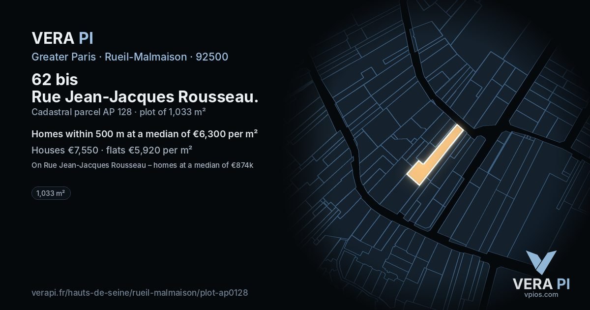 62 bis Rue Jean-Jacques Rousseau, Rueil-Malmaison at night – the plot lit, the parcels around coloured by the prices near them