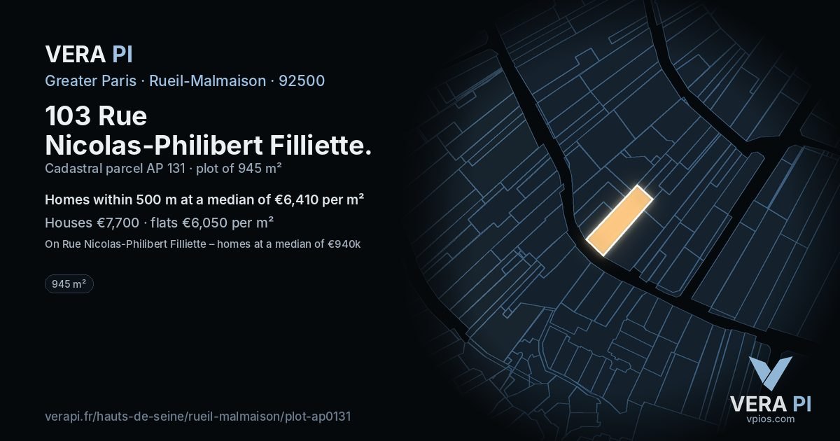 103 Rue Nicolas-Philibert Filliette, Rueil-Malmaison at night – the plot lit, the parcels around coloured by the prices near them