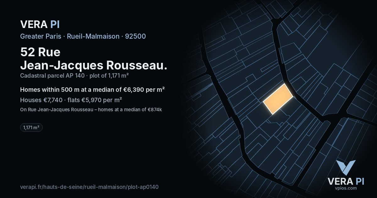 52 Rue Jean-Jacques Rousseau, Rueil-Malmaison at night – the plot lit, the parcels around coloured by the prices near them