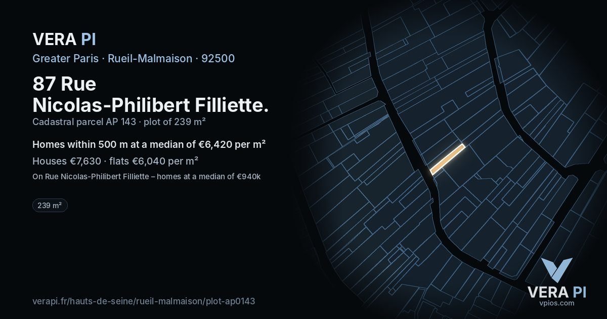 87 Rue Nicolas-Philibert Filliette, Rueil-Malmaison at night – the plot lit, the parcels around coloured by the prices near them
