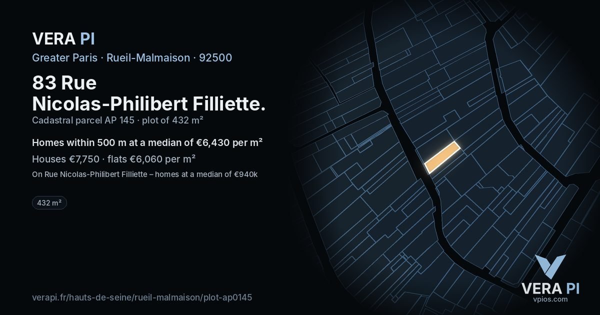 83 Rue Nicolas-Philibert Filliette, Rueil-Malmaison at night – the plot lit, the parcels around coloured by the prices near them